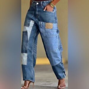 Patchwork Relaxed Women Jeans in Dark Blue